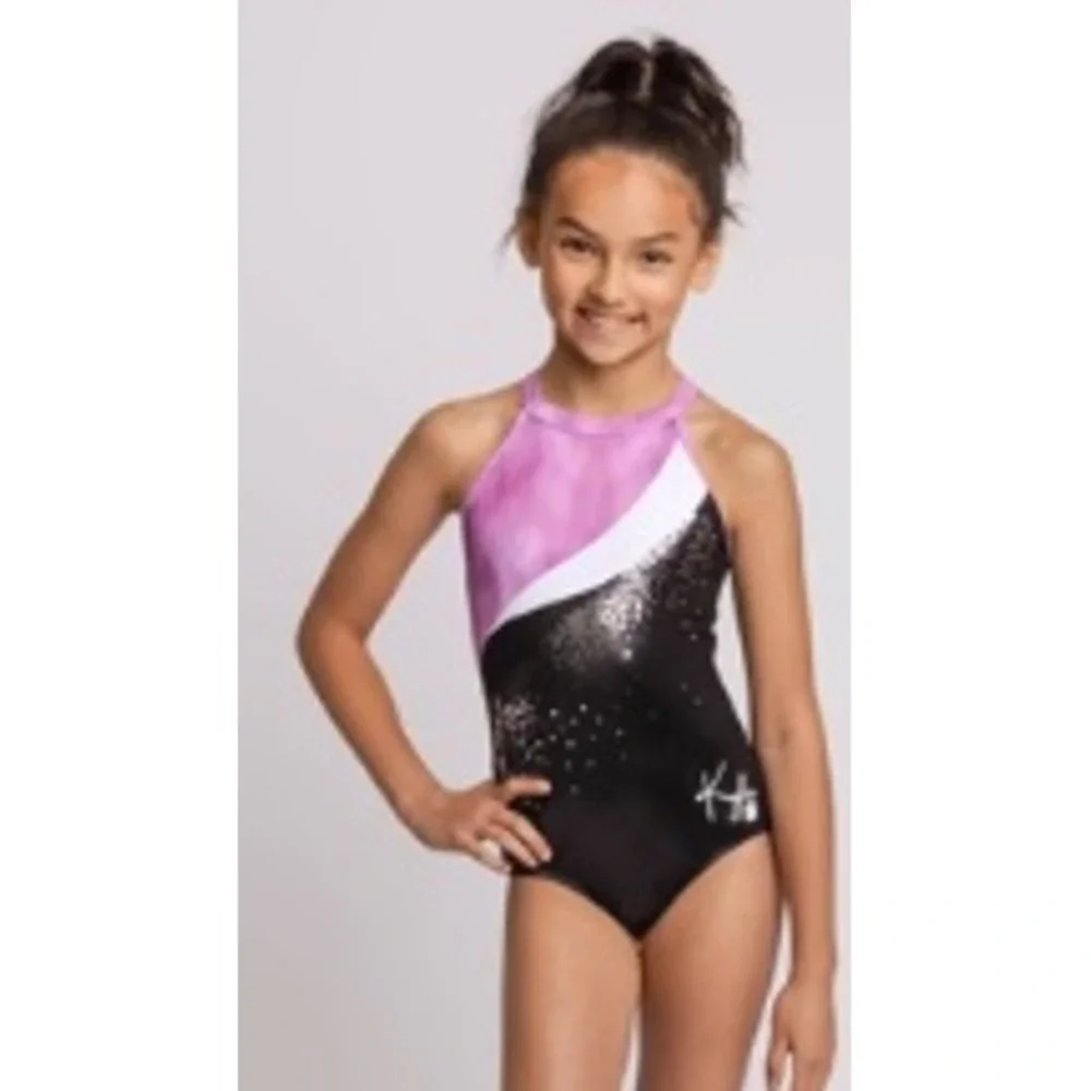 Kyla Ross Sylvia P Girls Gymnastics Leotard Purple Black Sequin High Neck Halter